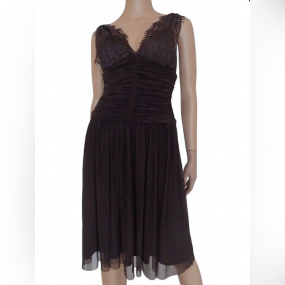 London Times Brown Ruched Lace Detail Fit & Flare Party Dress - Size 8